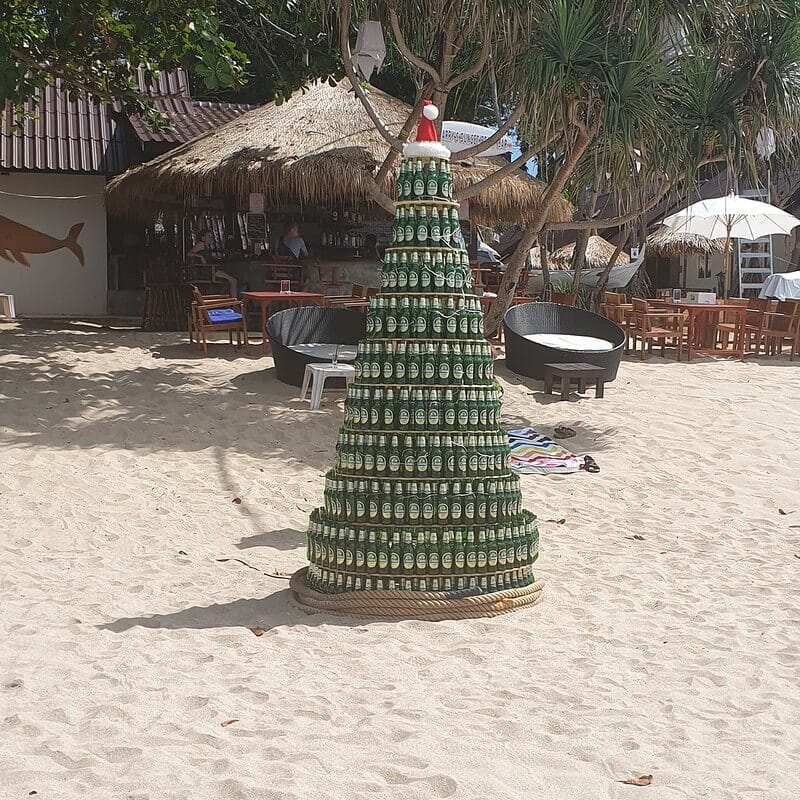 Chang beer bottle Christmas Tree on Ko Lanta Beach